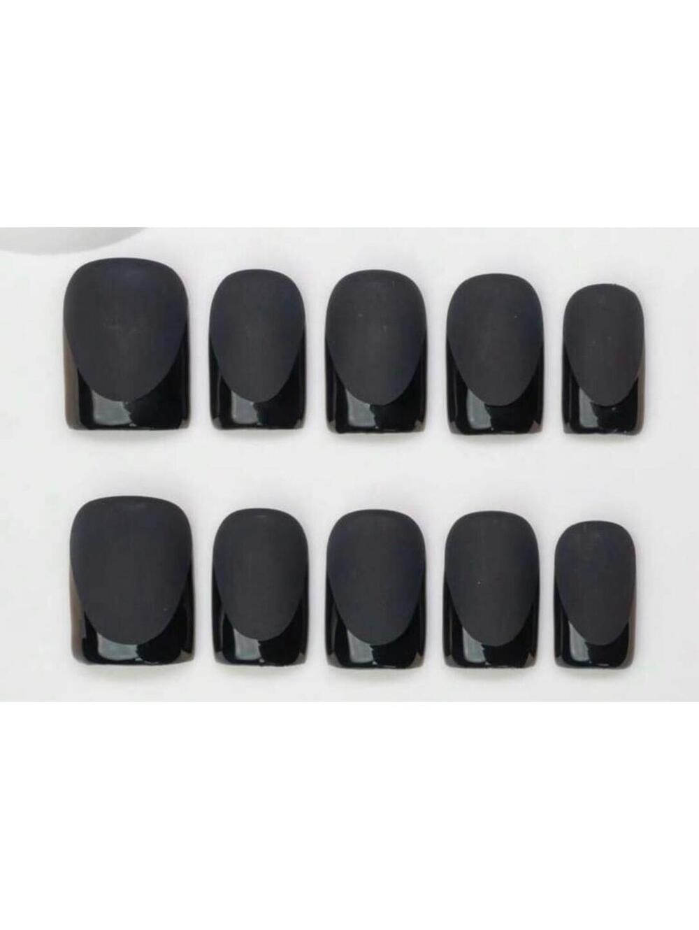Extra Short square Press on nails black French tips matte shiny handmade custom